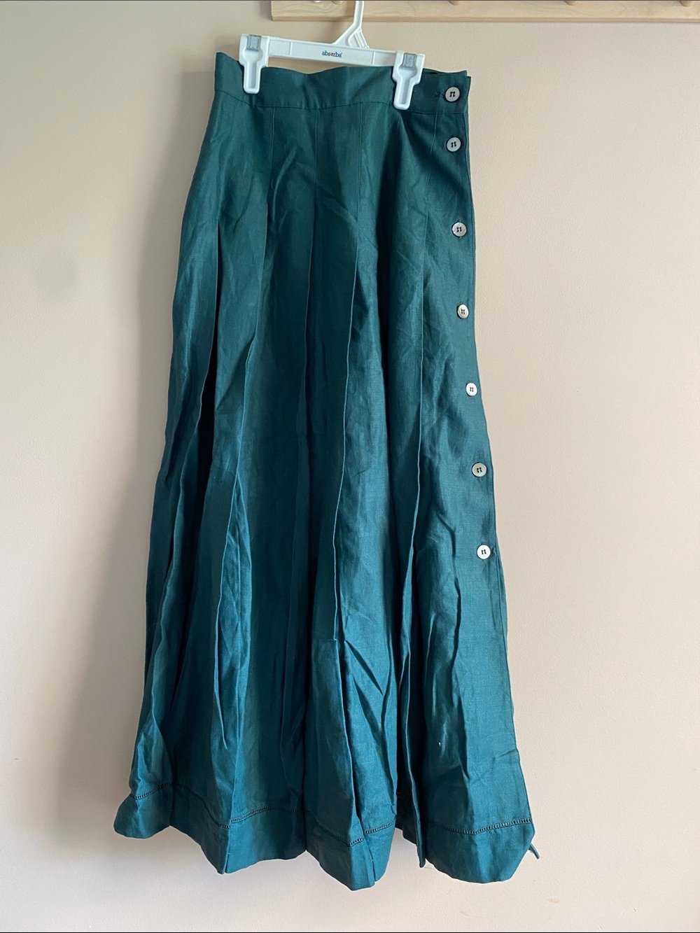 Vintage Laura Ashley Linen Teal Maxi Skirt with Side Buttons